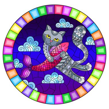 Lekeli cam çizimi, gece gökyüzü ve bulutların arka planında balığa sarılan kırmızı bir kedinin parlak çerçeveli yuvarlak görüntüsü.