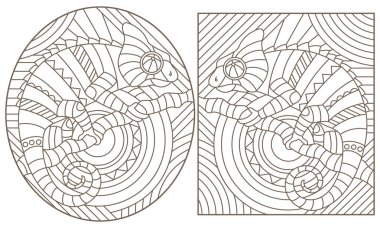 Soyut bukalemunları, beyaz arka planda koyu çizgileri, oval ve dikdörtgen resimleri olan boyalı cam pencerelerin çizimleri.