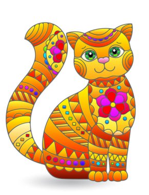 Beyaz arka planda izole edilmiş soyut kırmızı bir kedi ile renklendirilmiş cam tarzı bir resim