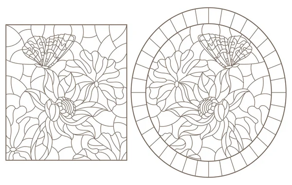 Набір Контурних Ілюстрацій Вітражу Вікна Лотосами Метеликами Темні Контури Білому — стоковий вектор