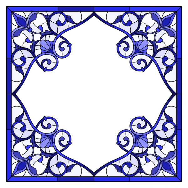 Ilustração Moldura Flor Estilo Vitral Flores Folhas Quadro Tom Azul —  Vetores de Stock