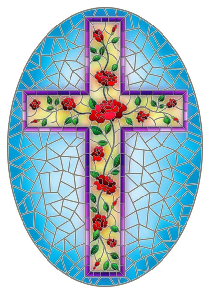 Ilustracja Stylu Witrażu Chrześcijańskim Krzyżem Ozdobionym Czerwonymi Różami Niebieskim Tle — Wektor stockowy