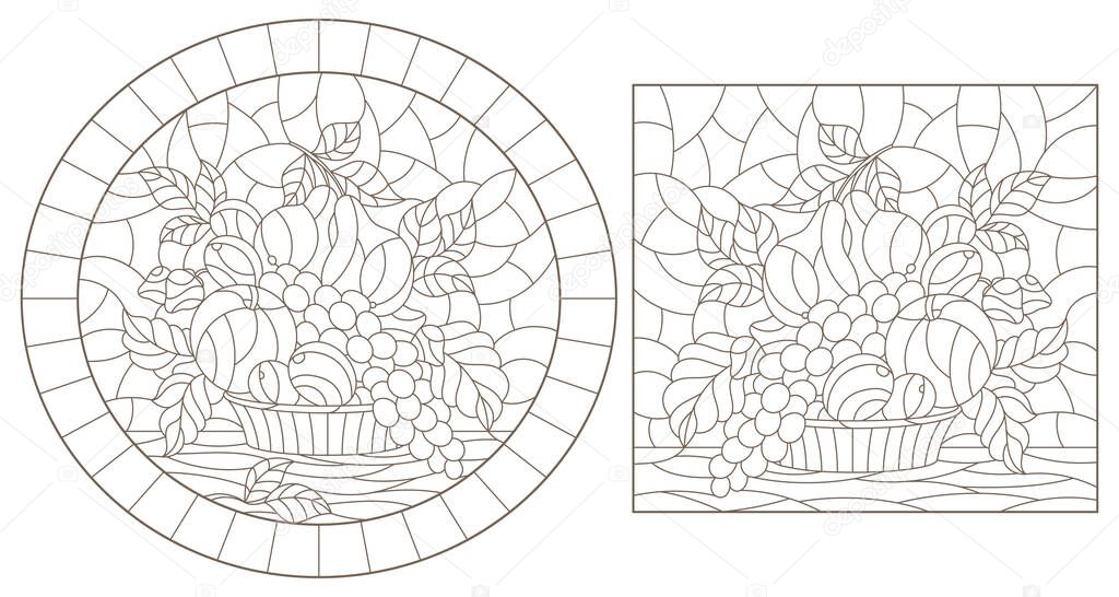 Set of contour illustrations of stained glass Windows with fruit still lifes, dark outlines on a white background