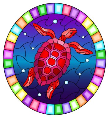 Deniz dalgaları ve hava kabarcıklarının arka planında soyut deniz kaplumbağası olan boyalı cam tarzı bir resim, parlak bir çerçevede oval görüntü.