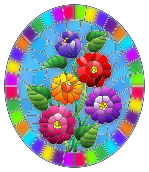 Illustrazione Stile Vetrate Con Mazzo Fiori Tsiniya Multicolore Immagine Ovale — Vettoriale Stock