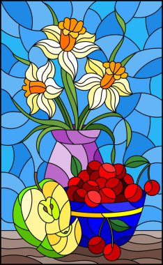 Durgun hayat dolu vitraylı bir resim vazodaki bir buket nergis ve mavi arka plandaki bir masada bir kasedeki meyveler.