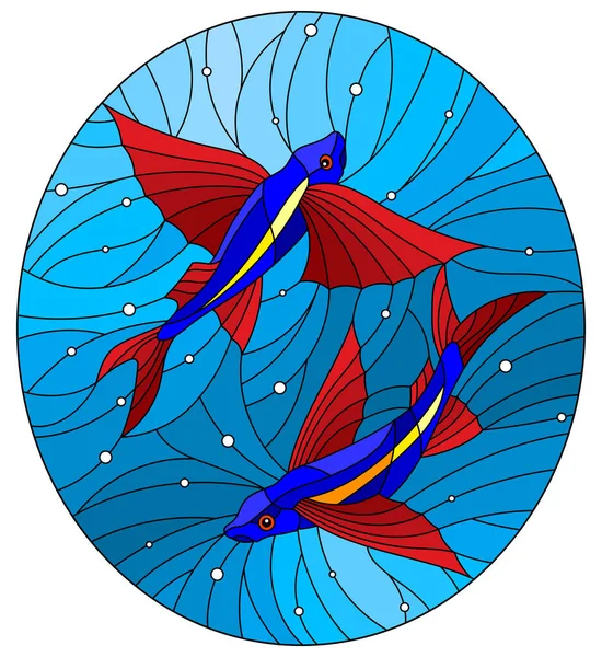 Illustratie Stijl Van Glas Lood Met Twee Vliegende Vissen Achtergrond — Stockvector