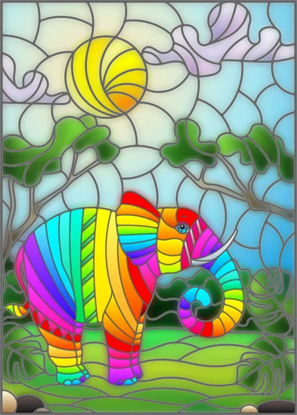 Illustration Stained Glass Style Cute Rainbow Elephant Background Green Trees — Stock vektor