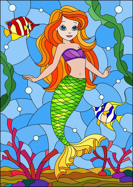 Illustration Glasmalerei Stil Mit Niedlichen Cartoon Meerjungfrau Hintergrund Des Meeresbodens — Stockvektor