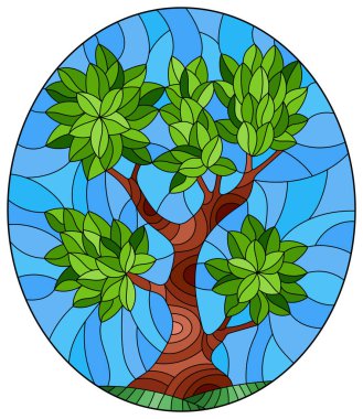 Gökyüzü arka planında soyut yeşil ağaç ve yeşil tepeler, oval resim ile boyalı cam tarzında bir resim