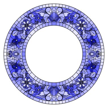 Renkli cam çerçeve, mavi çiçekler ve beyaz arkaplanda yapraklar