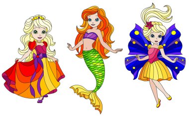 Peri masalı karakterleri, Prenses, peri ve deniz kızı beyaz arka planda izole edilmiş vitraylı elementler.