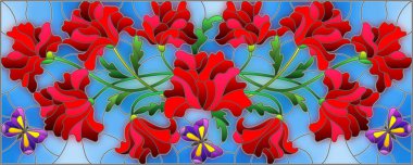 Mavi arkaplandaki gelincik çiçeğinin çiçek, yaprak ve tomurcuklarıyla renklendirilmiş cam şekli, yatay yönelim