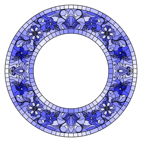 ステンドグラス風の花枠や青い花 白い背景の葉のイラスト — ストックベクタ