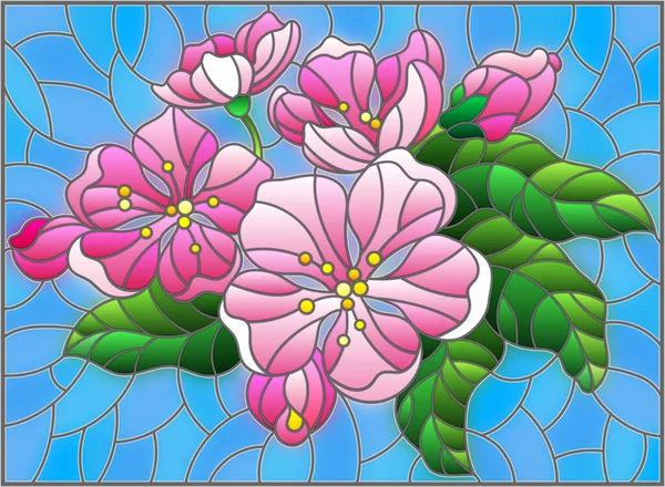 Ilustración Estilo Vitral Con Una Rama Flores Cerezo Flores Brotes — Vector de stock