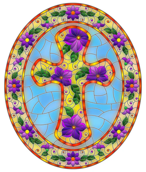 Ilustración Estilo Vidriera Con Cruz Cristiana Decorada Con Flores Púrpura — Archivo Imágenes Vectoriales