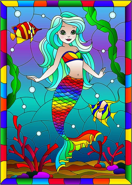 海底や魚の背景にかわいい漫画人魚とステンドグラスのスタイルでイラスト 明るいフレームで — ストックベクタ