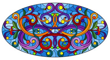 Soyut girdapları, çiçekleri ve yaprakları sarı arka planda, yatay yönelimi, oval görüntüsü olan boyalı cam tarzında resimleme