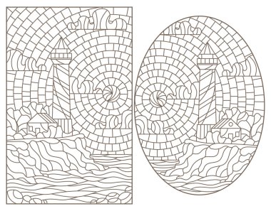 Deniz manzaralı, deniz fenerli ve güneşli gökyüzü manzaralı vitray çizimleri.
