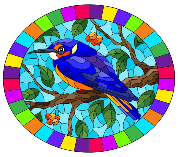 ベリーと空を持つ木の枝の背景に美しい明るい青い鳥とステンドグラスのスタイルのイラスト 明るいフレーム内の楕円形の画像 — ストックベクタ