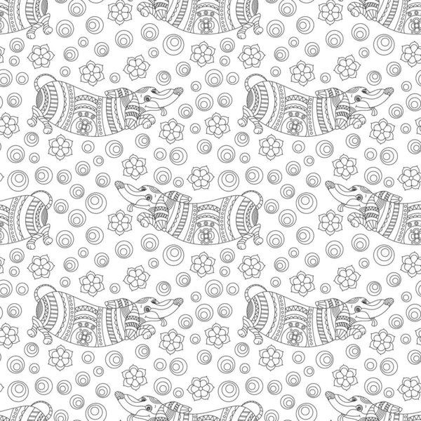 Seamless pattern with  dogs Dachshund and flowers in stained glass style ,dark contours on a white background