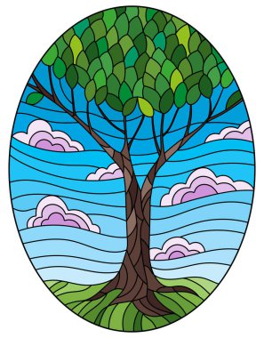 Gökyüzü zemininde yeşil ağaç ve oval resim ile renklendirilmiş cam biçiminde resim