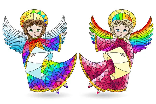 Set Stained Glass Elements Cute Cartoon Angels Scrolls Coloured Figures — Stock Vector