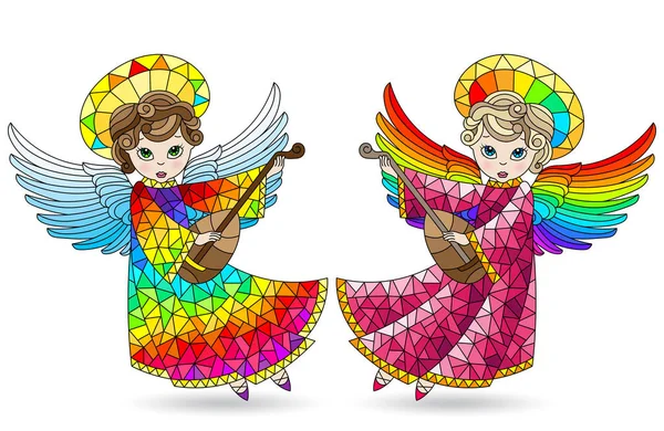 Set Stained Glass Elements Cute Cartoon Angels Lutes Coloured Figures — Stock Vector