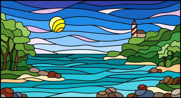 Illustration Glasmalereistil Mit Meereslandschaft Meer Mit Und Ufer Vor Einem — Stockvektor