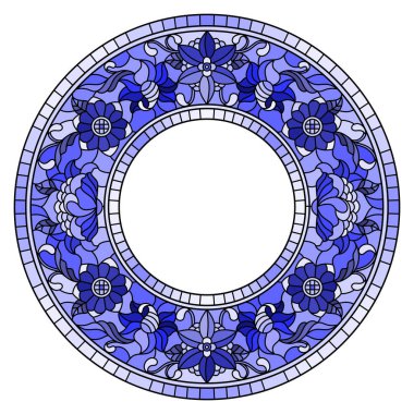 Renkli cam çerçeve, mavi çiçekler ve beyaz arkaplanda yapraklar