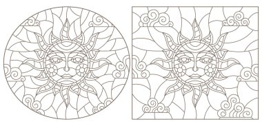 Yüzü, oval ve kare görüntüsü, beyaz arka planda koyu renk çizgisi olan boyalı cam güneş çizimleri yapın, izole edin