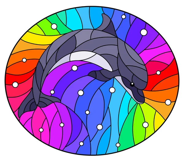 虹色の背景と気泡のイルカとステンドグラスのスタイルのイラスト — ストックベクタ