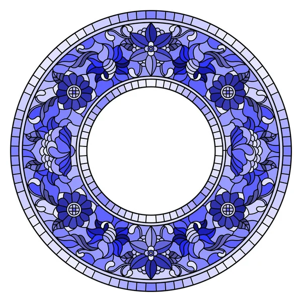 ステンドグラス風の花枠や青い花 白い背景の葉のイラスト — ストックベクタ