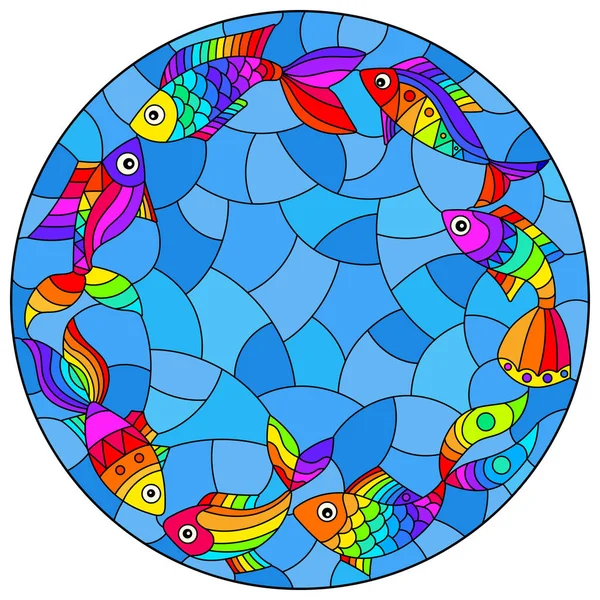 蓝色背景的明亮彩虹抽象鱼的彩色玻璃样式图解 圆形图像 — 图库矢量图片