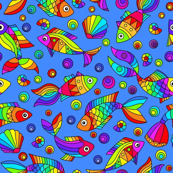 Seamless Pattern Marine Theme Bright Rainbow Fish Shells Bright Fish — Stock Vector
