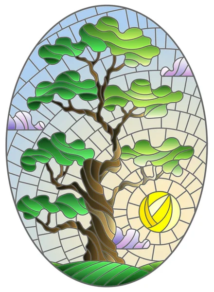 Illustration Stained Glass Style Green Tree Sky Background Sun Oval — Stock Vector