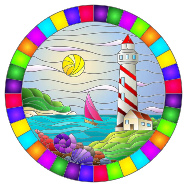 Illustration Stained Glass Style Seascape Lighthouse Sailboat Background Sea Sunny — Stock Vector