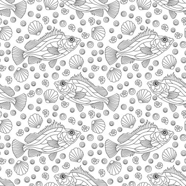 Deniz temalı kusursuz bir desen. Balık ve kabuklu. Beyaz arka planda koyu renkli balıklar.
