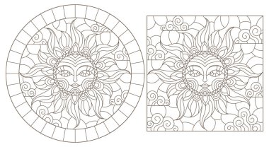 Yüzü, oval ve kare görüntüsü, beyaz arka planda koyu renk çizgisi olan boyalı cam güneş çizimleri yapın, izole edin