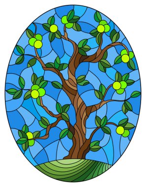 Elma ağacının gökyüzünde tek başına durduğu boyalı cam bir resim, oval görüntü.