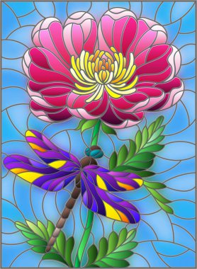 Üzerinde güzel pembe bir çiçek ve mavi gökyüzüne karşı parlak bir yusufçuk olan lekeli cam çizimler.