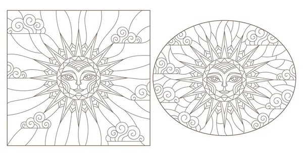 Установите Контурные Иллюстрации Витражного Солнца Лицом Овальным Квадратным Изображением Темные — стоковый вектор