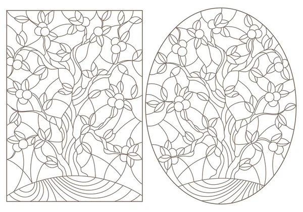 Установите Контурные Иллюстрации Витражей Изображением Яблони Темные Контуры Белом Фоне — стоковый вектор