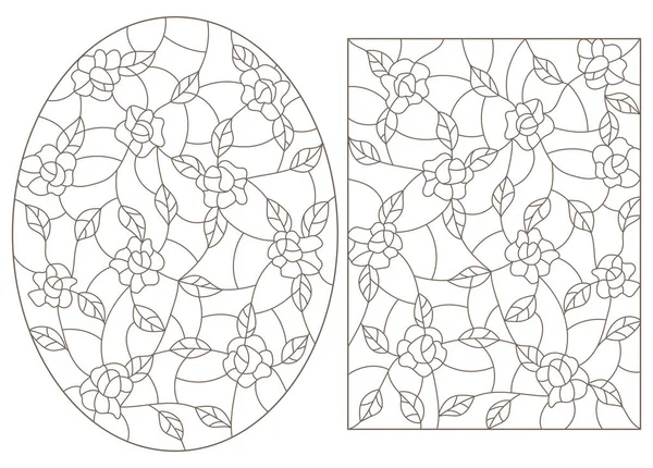 Conjunto Ilustraciones Contorno Estilo Vidrieras Flores Abstractas Rosas Contorno Oscuro — Archivo Imágenes Vectoriales