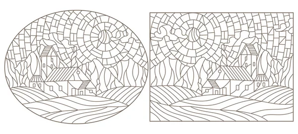 Impostare Contorno Illustrazioni Vetrate Paesaggio Casa Solitaria Uno Sfondo Natura — Vettoriale Stock