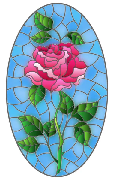 Illustration Glasmalereistil Blume Roter Rose Auf Blauem Hintergrund Ovales Bild — Stockvektor