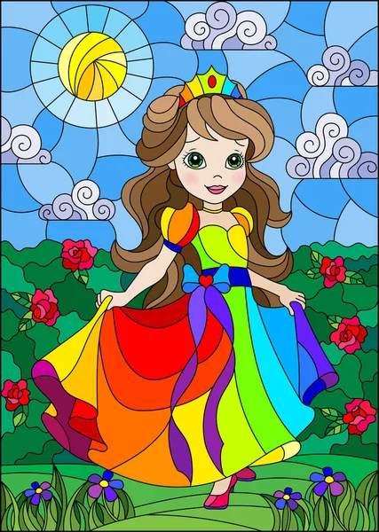 Иллюстрация Витражном Стиле Милой Принцессой Фоне Цветов Солнечного Неба — стоковый вектор
