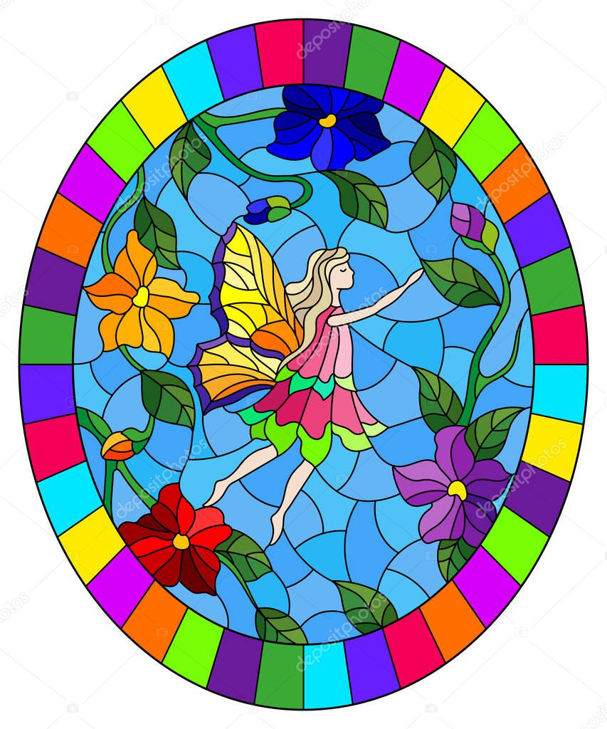 Illustration in stained glass style with a winged fairy in the sky,bright  flowers and greenery,oval image in bright frame