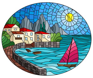 Körfezin arka planında yelkenli teknesi olan vitraylı cam resim. Şehir, deniz, güneş, oval resim.