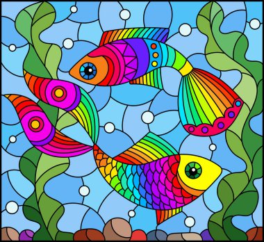 Su, taban ve yosunların arka planında parlak gökkuşağı balığıyla renklendirilmiş cam tarzı bir resim.